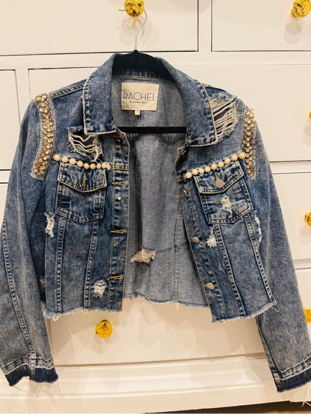 RACHEL Rachel Roy Distressed Blue Denim Jacket w Pearl & Crystal Trim SZ medium
